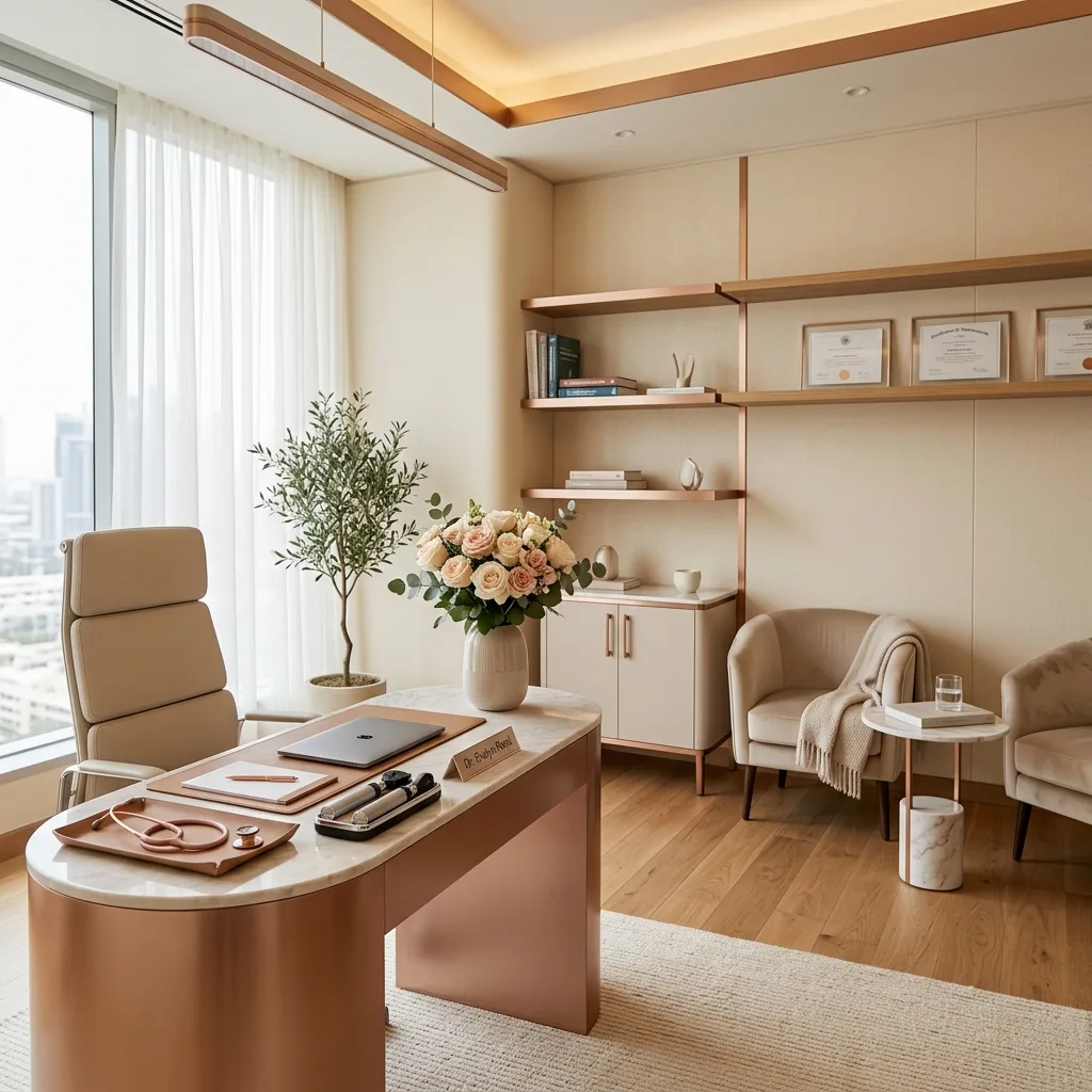 Consultório médico elegante e acolhedor com tons de creme e dourado