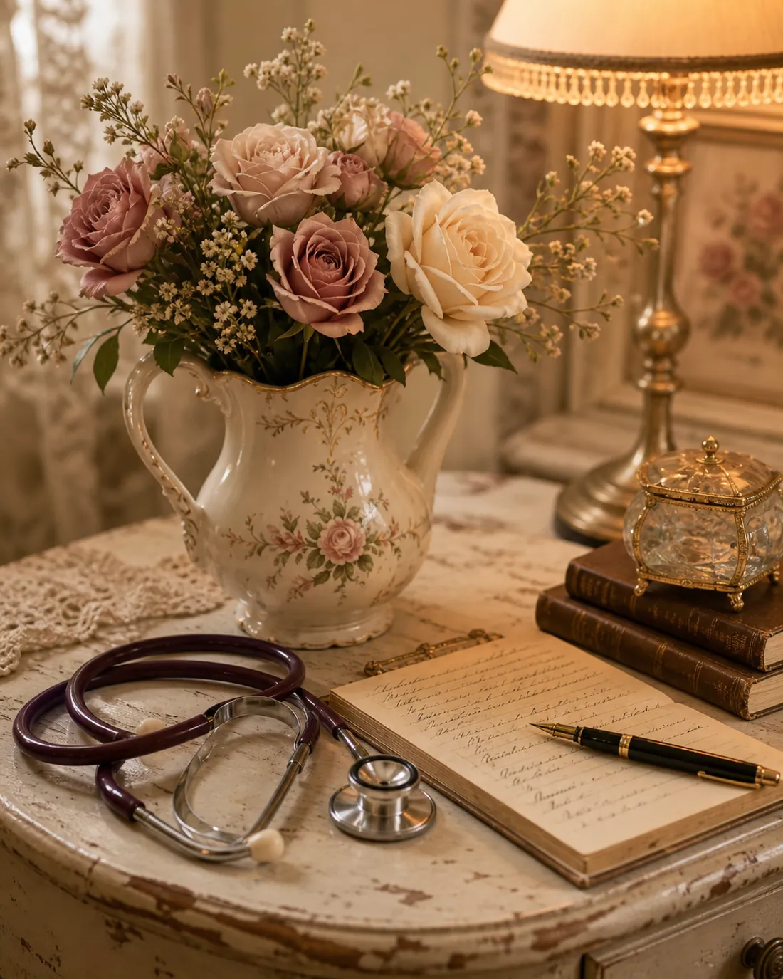 Mesa médica vintage com flores, estetoscópio e papelaria